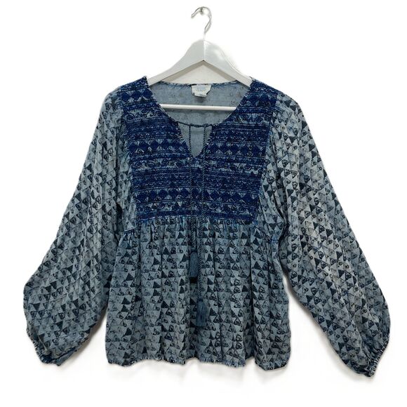 Sigrid Olsen Top Blue Embroidered Balloon Sleeve Babydoll Boho Blouse Size M - Picture 1 of 12